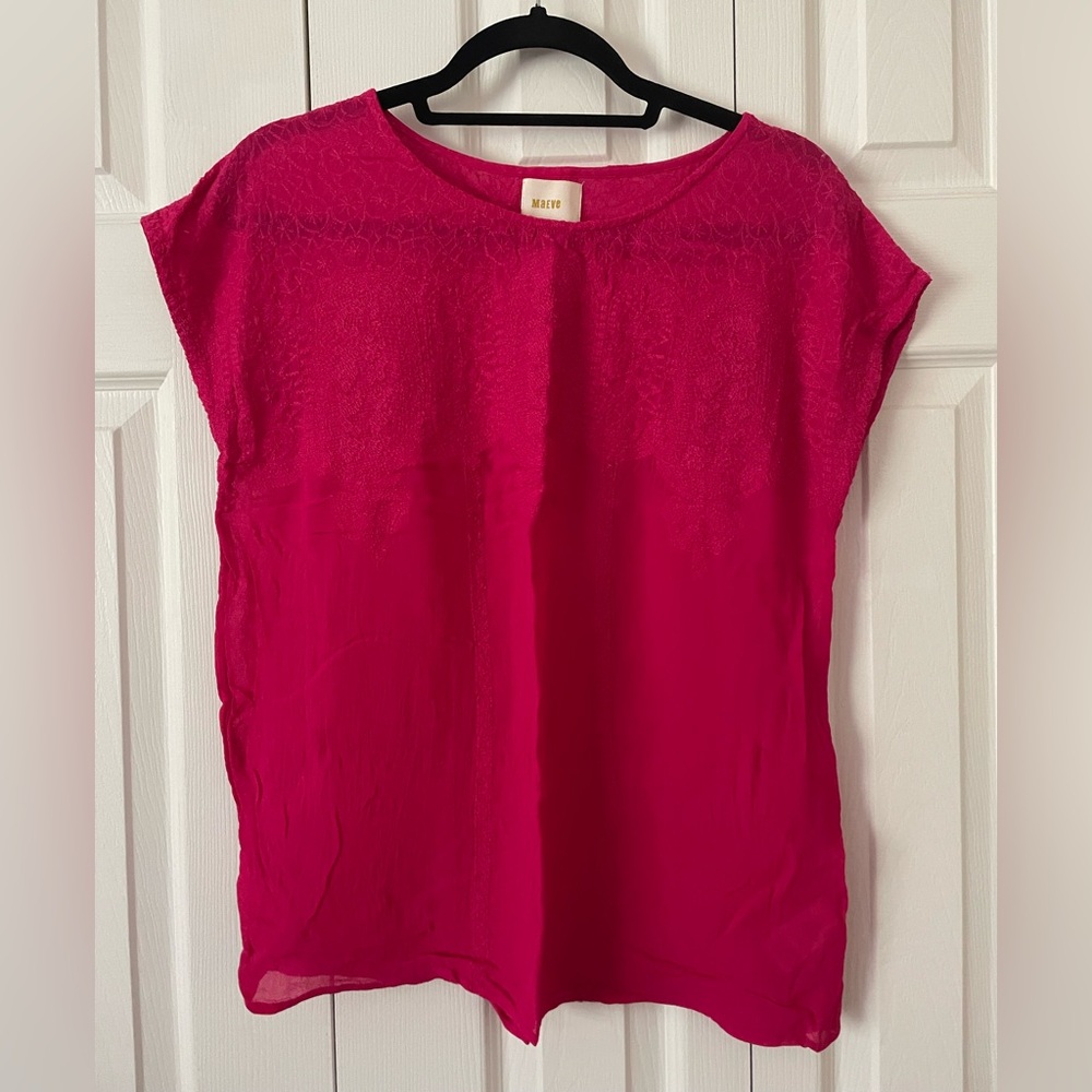 Maeve Anthropologie Fuchsia Embroidered Yoke Blouse Cap Sleeve M